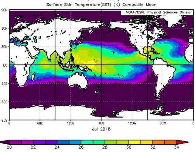 Gambar 1.1 Analisis Suhu Muka Laut Bulan Juli 2018 (Sumber : www.esrl.noaa.gov)