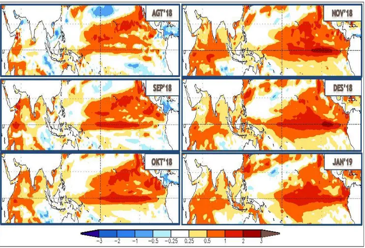 Gambar 1.3 Prakiraan Anomali Suhu Muka Laut Agustus 2018 - Januari 2019 (Sumber : www.bmkg.go.id)