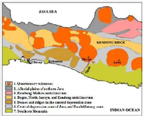 Gambar 2.2. Peta  wilayah  penelitian  dan  beberapa  kenampakan  geologi  di Jawa bagian tengah (modifikasi dari van Bemmelen, 1949).
