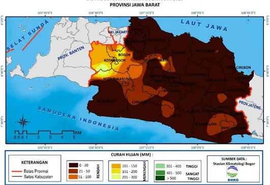 Gambar 3.  Peta Distribusi Curah Hujan Bulan Juni 2019 Provinsi Jawa Barat  Tabel 1. Distribusi Curah Hujan Bulan Juni 2019 