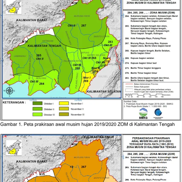 Gambar 1. Peta prakiraan awal musim hujan 2019/2020 ZOM di Kalimantan Tengah  