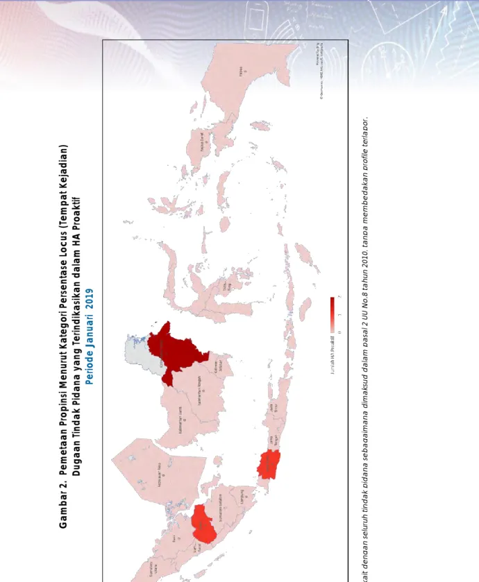 Gambar 2.  Pemetaan Propinsi Menurut Kategori Persentase Locus (Tempat Kejadian)  Dugaan Tindak Pidana yang Terindikasikan dalam HA Proaktif Periode Januari  2019  Pemetaan Menurut Locus (tempat kejadian)   dugaan tindak pidana yang terindikasikan dalam HA