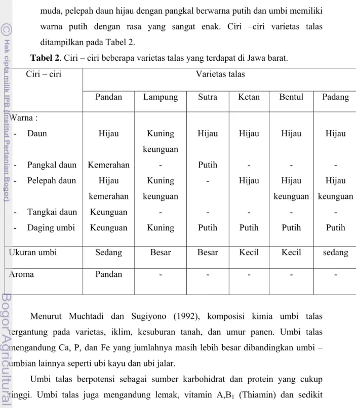 Tabel 2. Ciri – ciri beberapa varietas talas yang terdapat di Jawa barat. 