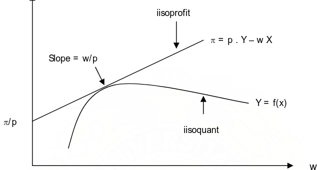 Gambar 2.1. Laba maksimum terjadi pada persinggungan isoprofit dengan isoquant 