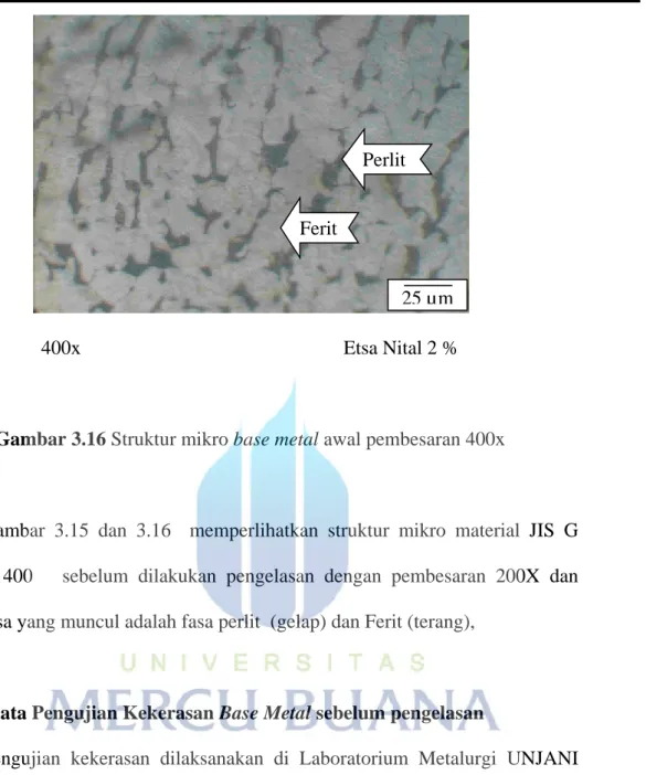 Gambar 3.15 dan 3.16  memperlihatkan struktur mikro material JIS G  3101 SS 400   sebelum dilakukan pengelasan dengan pembesaran 200X dan  400X