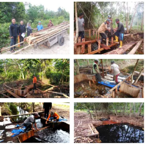 Gambar 3. Proses pembuatan sekat kanal kayu partisipatif 