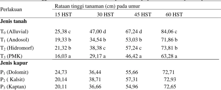 Tabel 1. Rataan tinggi tanaman (cm) tembakau deli  pada beberapa jenis tanah  dan  jenis kapur  Perlakuan  Rataan tinggi tanaman (cm) pada umur 