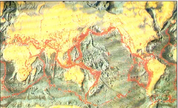 Gambar II-6 Titik-titik merah menunjukkan sebaran episenter gempa yang  menggambarkan aktifitas seismik