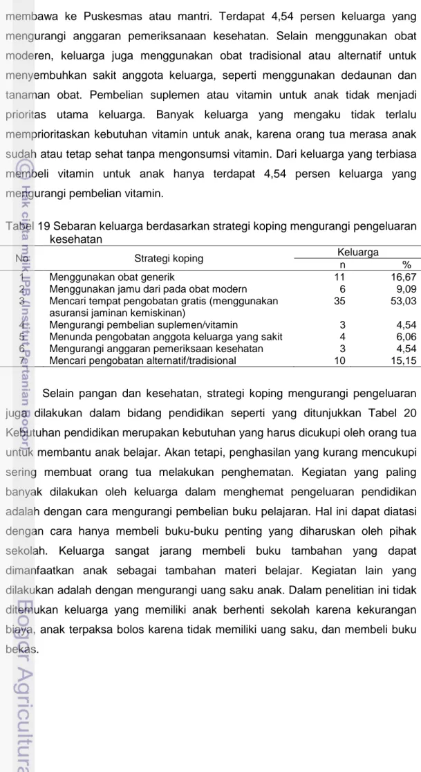 Tabel 19 Sebaran keluarga berdasarkan strategi koping mengurangi pengeluaran  kesehatan 