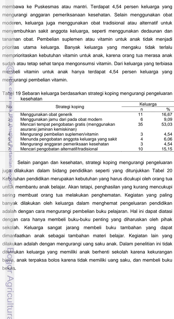 Tabel 19 Sebaran keluarga berdasarkan strategi koping mengurangi pengeluaran  kesehatan 