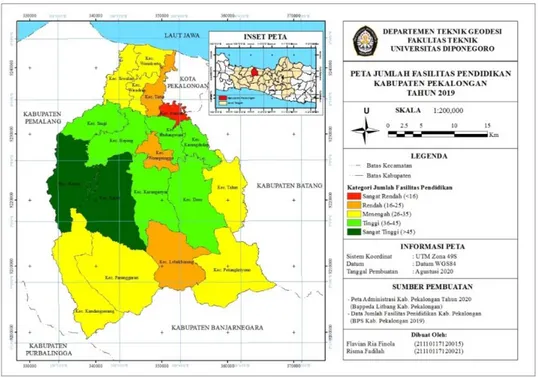 Gambar  3 Peta Jumlah Fasilitas Pendidikan Kabupaten Pekalongan 2019   (Sumber: BPS 2019, digambar oleh Penulis)  