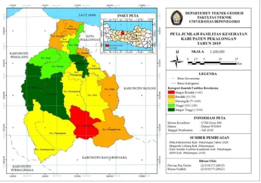 Gambar 4 Peta Jumlah Fasilitas Kesehatan Kabupaten Pekalongan 2019   (Sumber: BPS 2019, digambar oleh Penulis) 