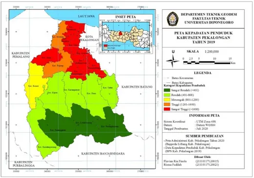 Gambar 5 Peta Kepadatan Penduduk Kabupaten Pekalongan 2019   (Sumber: BPS 2019, digambar oleh Penulis) 