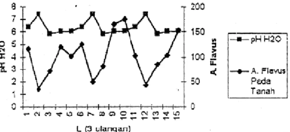 Gambar 7.   Grafik hubungan kadar lengas tanah dengan A. flavus pada tanah 