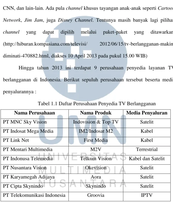 Tabel 1.1 Daftar Perusahaan Penyedia TV Berlangganan  Nama Perusahaan  Nama Produk  Media Penyaluran  PT MNC Sky Vision  Indovision &amp; Top TV  Satelit 
