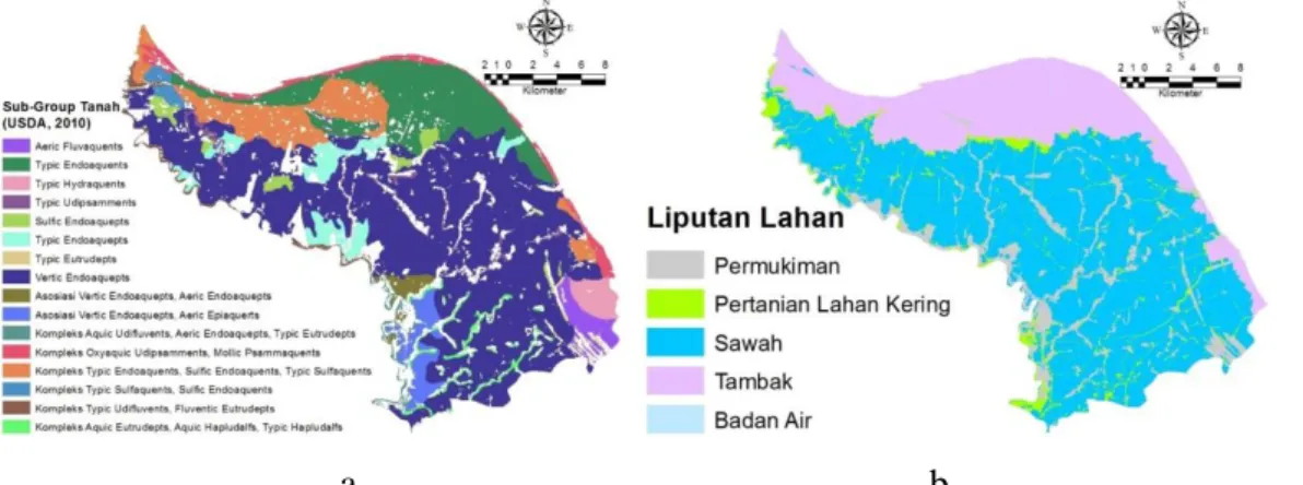 Gambar 2. Peta jenis tanah sampai kategori sub-group (a) dan peta liputan lahan  (b), Karawang bagian utara 
