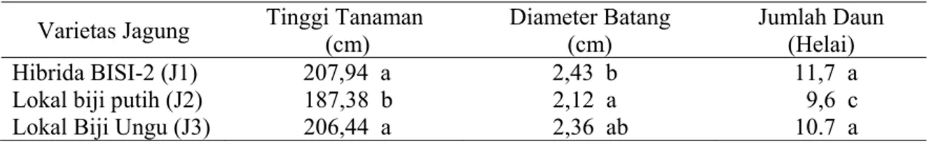 Tabel 1. Tinggi Tanaman, Diameter Batang, dan Jumlah Daun Tanaman Jagung dalam Sistem  Tumpangsari dengan Kacang Hijau 