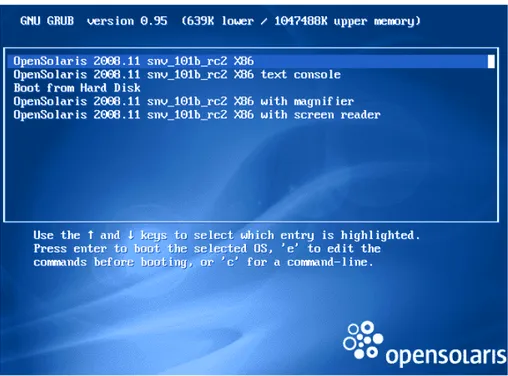 Gambar 2.3. Menu GNU GRUB Bootloader pada OpenSolaris Live CD 