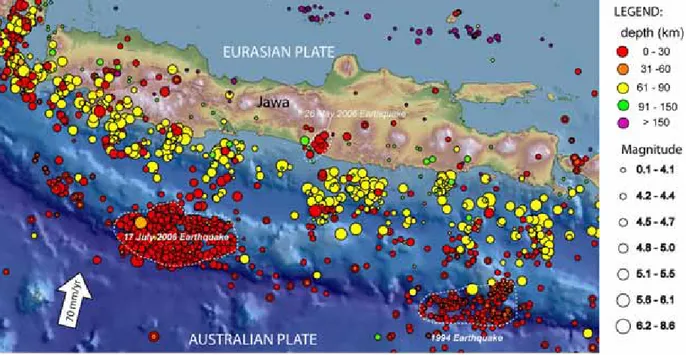 Gambar 6.  Peta seismisitas Pulau Jawa.  Data gempa dari NEIC USGS (1973-2007 