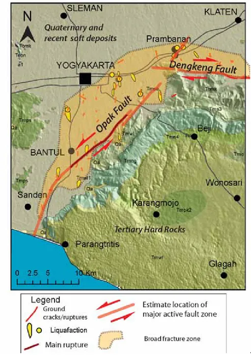 Gambar 7. Peta Sesar Aktif yang pecah pada waktu gempa bulan Mei 2006 di daerah Bantul- Bantul-Jogyakarta (Mw 6.3)