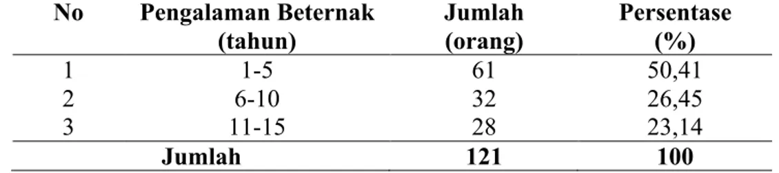 Tabel  6.  Distribusi  Pengalaman  Beternak  Ayam  Brolier  responden  Kabupaten  Lombok  Tengah  No  Pengalaman Beternak  (tahun)  Jumlah (orang)  Persentase (%)  1  1-5  61  50,41  2  6-10  32  26,45  3  11-15  28  23,14  Jumlah  121  100 