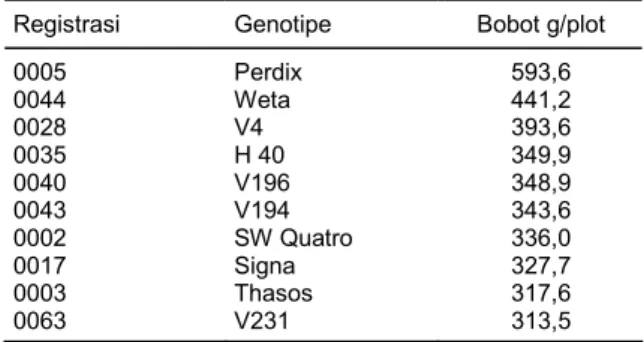 Tabel 16.  Potensi Hasil tinggi &gt;300 g/plot pada plasma  nutfah terigu MK 2004 di Inlitbio Pacet