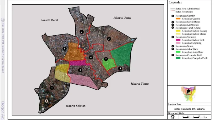 Gambar 7  Wilayah di Kotamadya Jakarta Pusat yang memiliki nama terkait dengan nama tanaman (DTR 2011) 