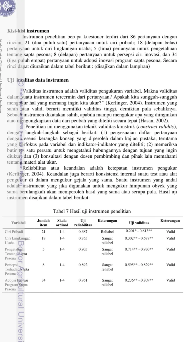 Tabel 7 Hasil uji instrumen penelitian 