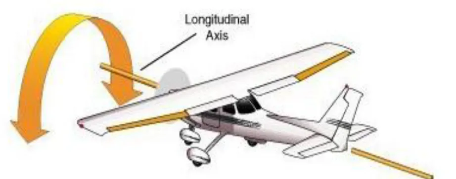 Figure 1-29 :  The Ailerons cause  an airplane to Roll about the  Longitudinal Axis. The Primary Purpose of the Ailerons  is  to  Bank the wing, causing the airplane to Turn