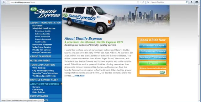 Gambar 4. Tampilan Website Shuttle Express Saat ini (diakses tgl. 12 Desember 2013)  Melalui  Website  tersebut  banyak  kemudahan-kemudahan  yang  diberikan  kelangganan, antara lain : 