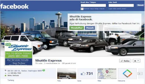 Gambar 3. Tampilan Link Facebook, Twitter dan Youtube di www.shuttleexpress.com  b.2.1.Facebook 