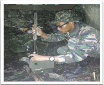 Gambar  11:  Anggota  semboyan  AW-PSIS  melaksanakan  radio  check  dan  menghantar situation report atau ringkasnya sitrep kepada markas taktikal