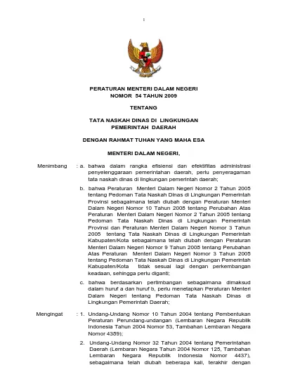 PERATURAN MENTERI DALAM NEGERI NOMOR 54 TAHUN 2009 TENTANG TATA NASKAH ...