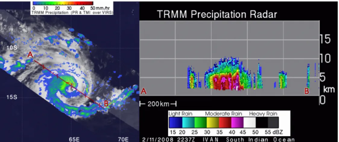 Gambar 4-3: Siklon tropis IVAN yang terjadi di Samudera India, sebelah barat daya Benua Maritim Indonesia (BMI) dan estimasi curah hujan dari satelit TRMM (sensor PR dan TMI yang di-overlay dengan sensor VIRS) yang terjadi di sekitar pusat siklon-nya, pada