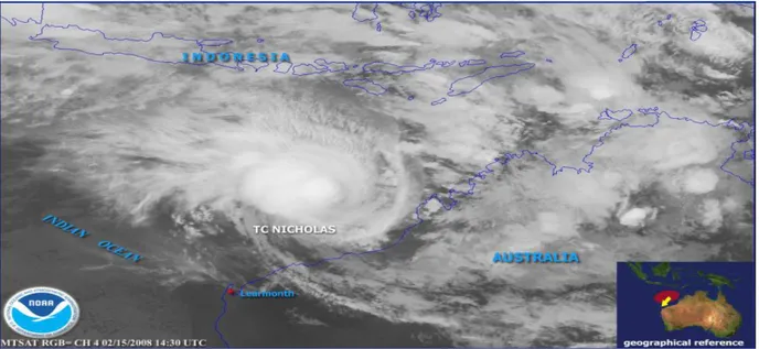 Gambar 4-4: Siklon tropis Nicholas yang terjadi di Samudera India, sebelah Selatan Benua Maritim Indonesia (BMI), pada 15 Februari 2008 jam 14.30 UTC (21.30 WIB), berkedudukan di 16,4°LS; 118,8°BT