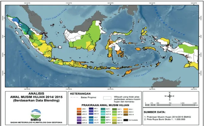 Gambar 6.  Analisis Awal Musim Hujan 2014/2015 di 342 ZOM Indonesia berdasarkan blending antara hujan dasarian di  159 stasiun BMKG dan TRMM 3B42RTv7