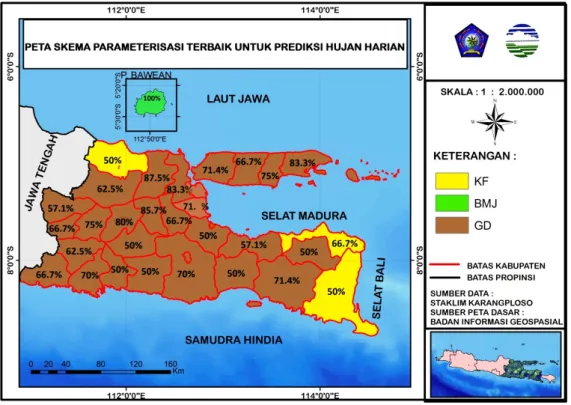 Gambar 3: Sebaran Skema Parameterisasi dengan Sensitivitas Terbaik di Wilayah Jawa Timur.