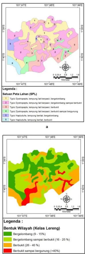 Gambar 1. Satuan Peta Lahan (a) dan Peta Bentuk  Wilayah (b), UPT Rantau Pandan SP-1 