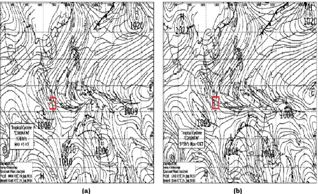 Gambar 3-1: Analisis profil angin gradien 00.00 UTC (a) dan 12.00 UTC (b) pada tanggal 24 Januari  2016 (Sumber: Bureau of Meteorology) 