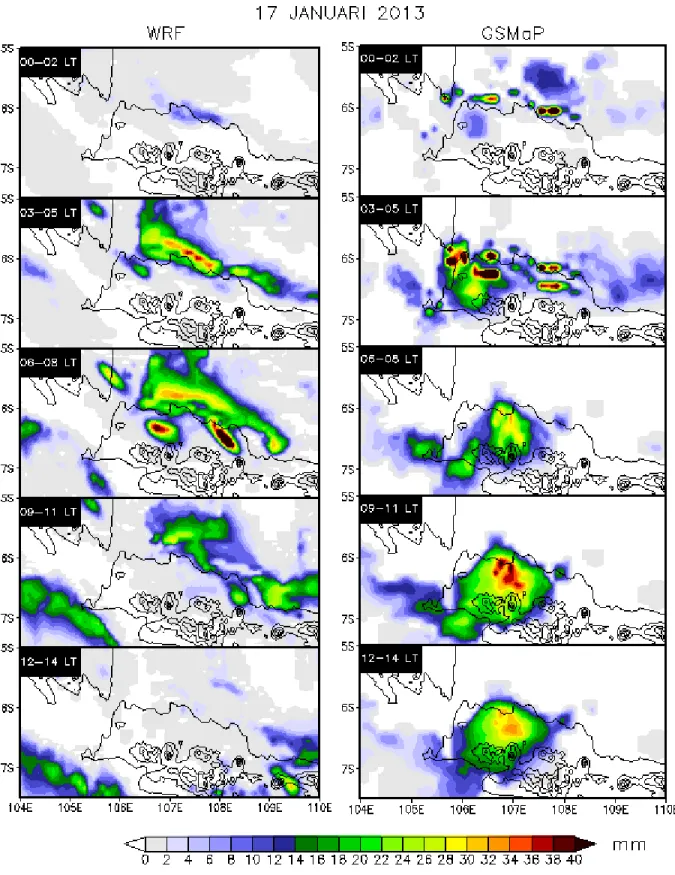 Gambar 3.  Akumulasi curah hujan per 3-jam pada pukul 00 –  14 LT (WIB) untuk wilayah Jakarta dan  sekitarnya pada tanggal 17 Januari 2013, berdasarkan hasil prediksi WRF (panel kiri) dan data  observasi GSMaP (panel kanan)