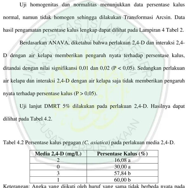 Tabel 4.2 Persentase kalus pegagan (C. asiatica) pada perlakuan media 2,4-D. 