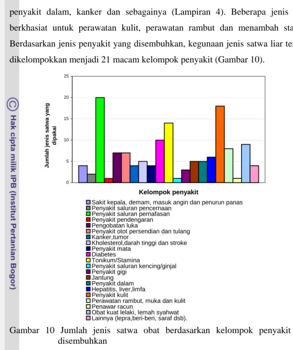 Gambar 10 Jumlah jenis satwa obat berdasarkan kelompok penyakit yang  disembuhkan 