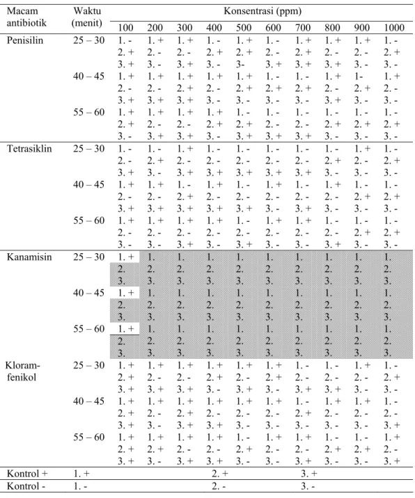 Tabel 1. Hasil deteksi keberadaan bakteri CVPD dengan perlakuan macam antibiotik, konsentrasi  dan lama perendaman pada mata tunas