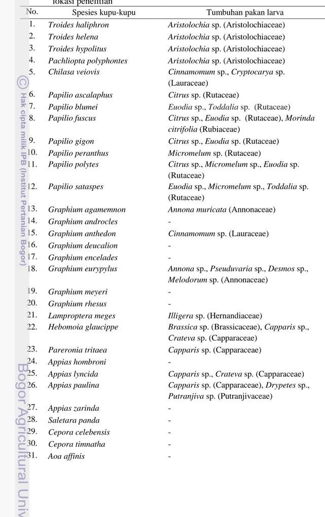 Tabel  4  Spesies  kupu-kupu  dan  tumbuhan  pakan  larva  yang  ditemukan  di  tiga  lokasi penelitian 