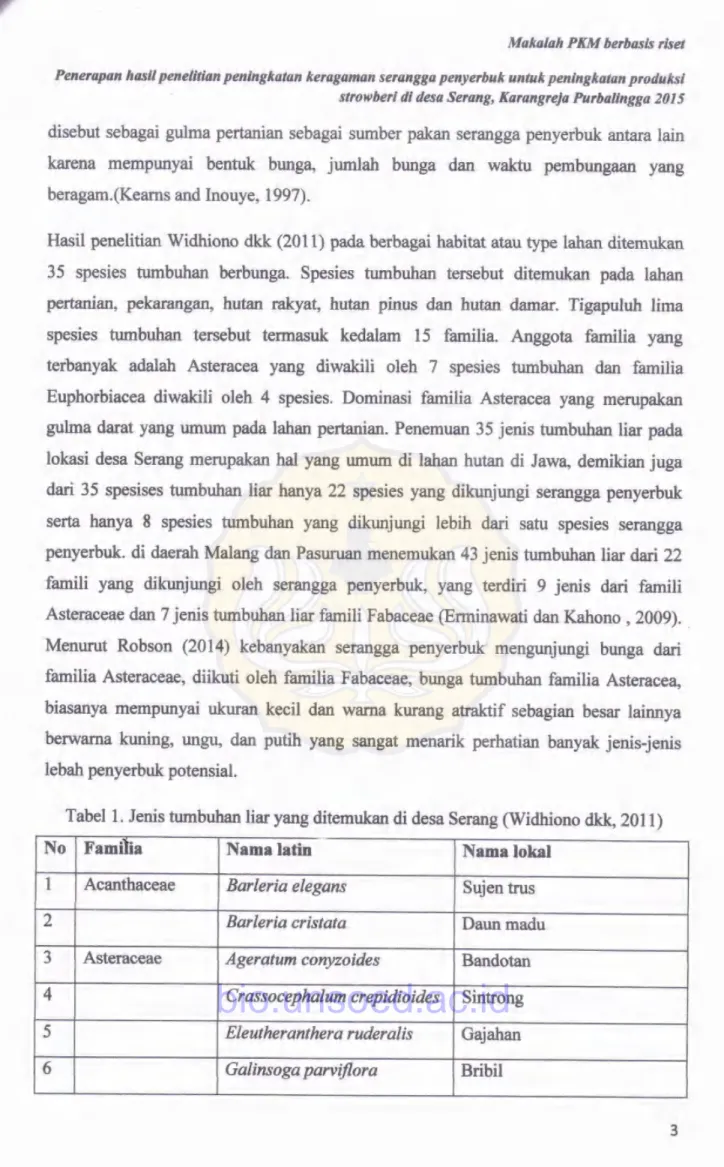 Tabel  1.  Jenis tumbuhan  liar  yang ditemukan  di  desa Serang  (Widhiono  dkk,  201l)