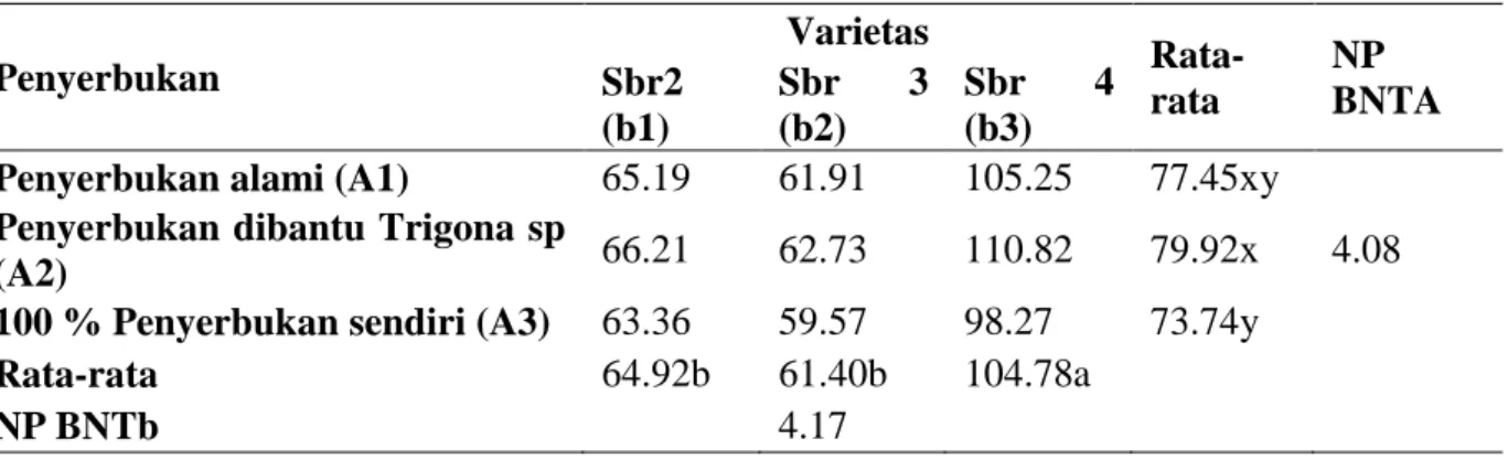 Tabel 4. Rata-rata jumlah biji (biji.tanaman -1 ).  Penyerbukan  Varietas   Rata-rata  NP  BNTA Sbr2  (b1)  Sbr  3 (b2)  Sbr  4 (b3) 