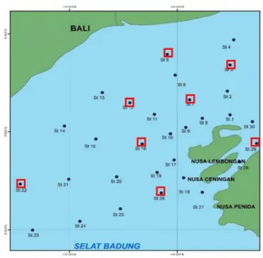 Gambar 1. Peta Lokasi Titik Sampling di Selat Badung, Bali.   = Stasiun suhu dan salinitas,   = Stasiun klorofil-a 