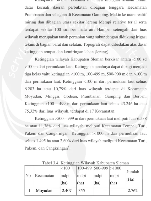 Tabel 3.4. Ketinggian Wilayah Kabupaten Sleman  No  Kecamatan  &lt;100 mdpi  (ha)  100-499 mdpi (ha)  500-999 mdpi (ha)  &gt;1000 mdpi (ha)  Jumlah (Ha)  1  Moyudan  2.407  355  -  -  2.762                                                             