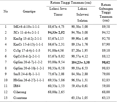 Tabel 8. Rataan Tinggi Tanaman (cm) Di Lokasi Jawa Timur dan Sulawesi                Selatan  beserta Rataan Gabungan Tinggi Tanaman (cm)