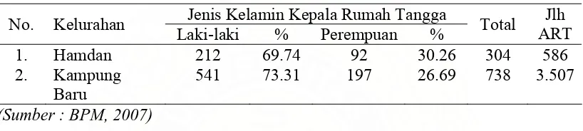 Tabel 1. Jumlah Kepala Rumah Tangga  di Kelurahan Hamdan dan Kampung Baru Jenis Kelamin Kepala Rumah Tangga Jlh 